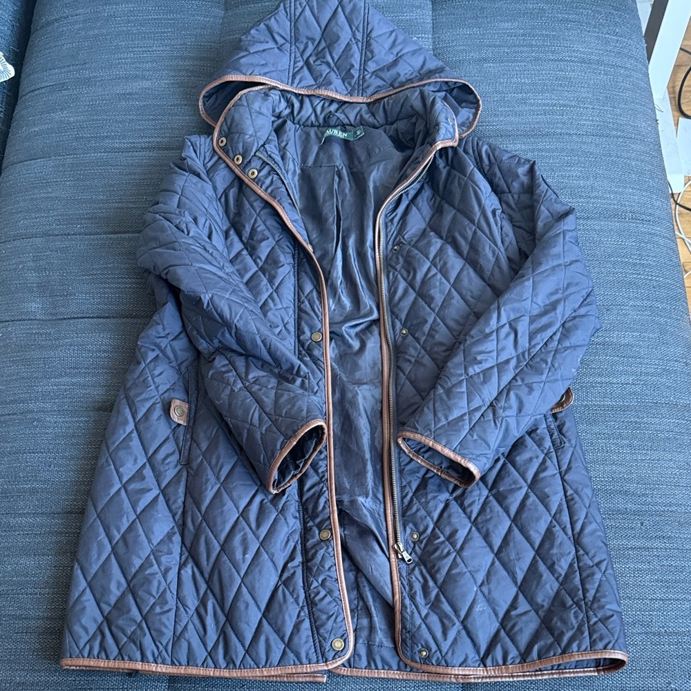 Quilted Navy Women's Coat with Contrast Trim
